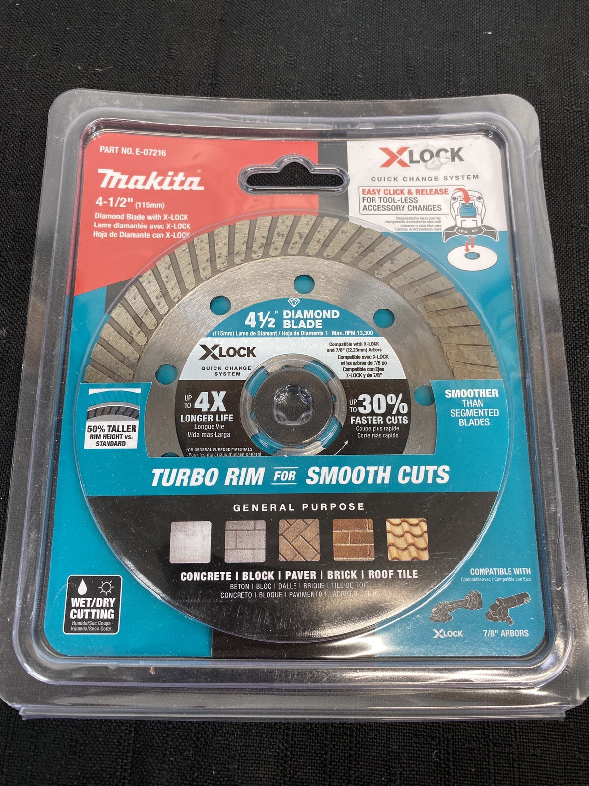 NEW Makita 4-1/2" Turbo Rim Diamond Blade X-LOCK 7/8" Arbor E-07216