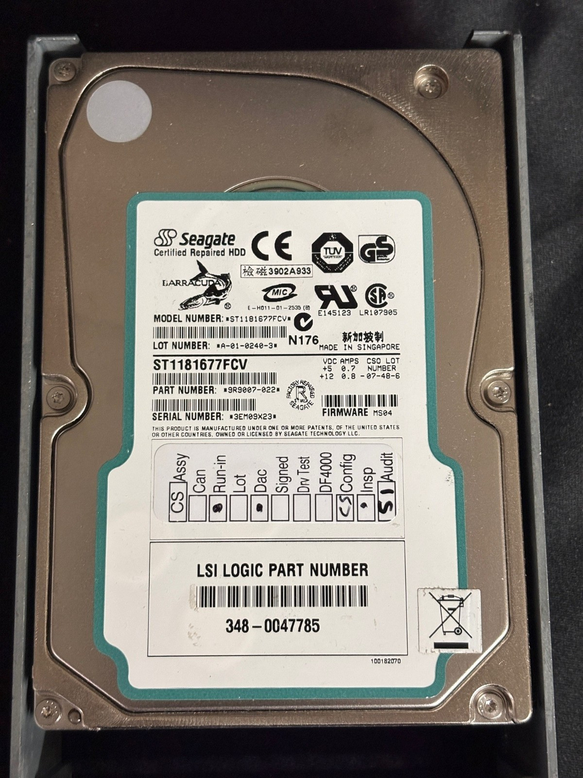ST1181677FCV - 181GB Disk Drive - 7200RPM - PN: 9R9007-022 - LSI # 348-0047785