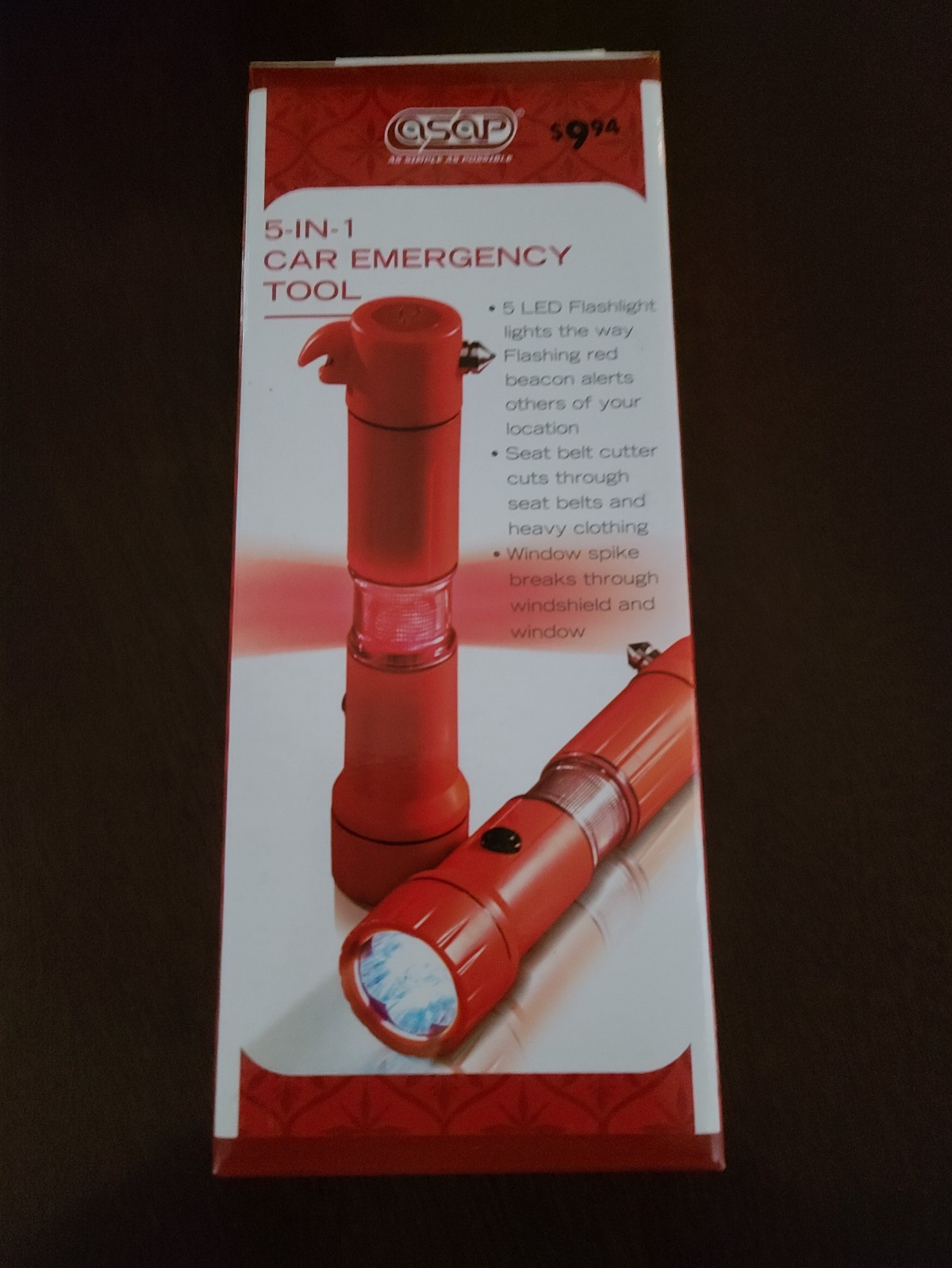 asap 5-in-1 car emergency tool (flashlight, beacon, glass breaker, belt cutter)