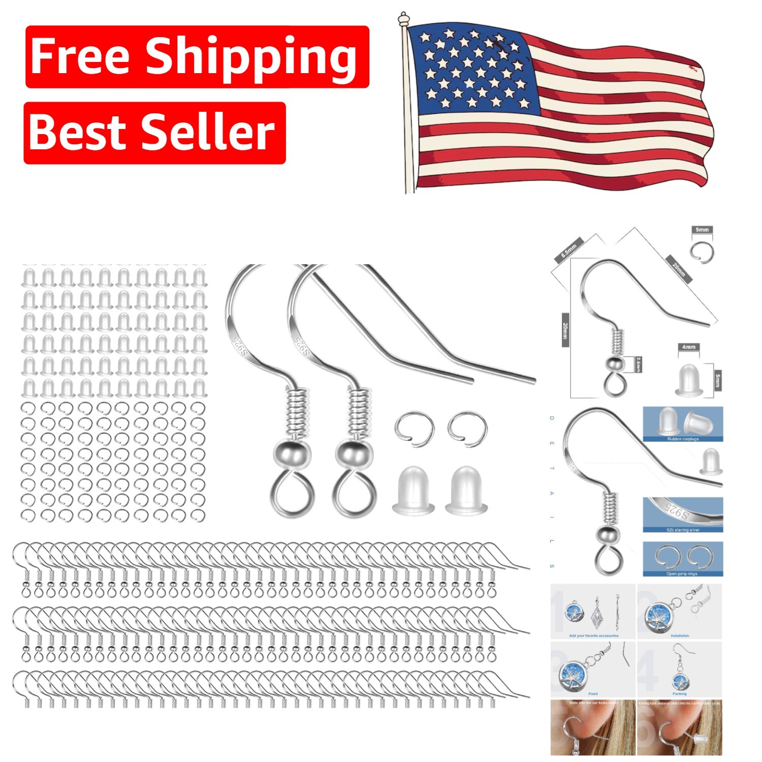 250 Pairs Hypoallergenic 925 Silver Earring Hooks & Accessories for DIY Jewelry