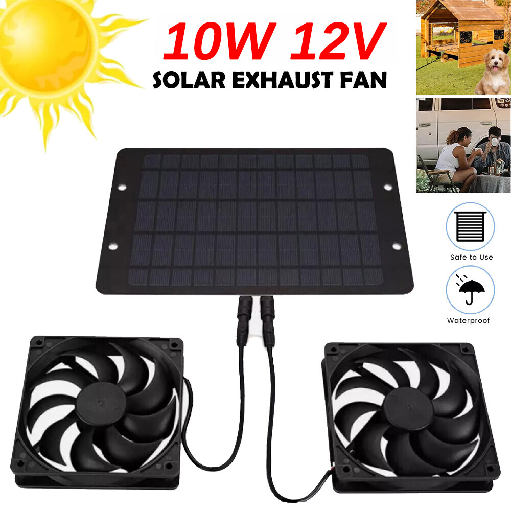 Solar Powered Fan 12V 10W Waterproof Dual Exhaust Fan For Camping Greenhouse Pet