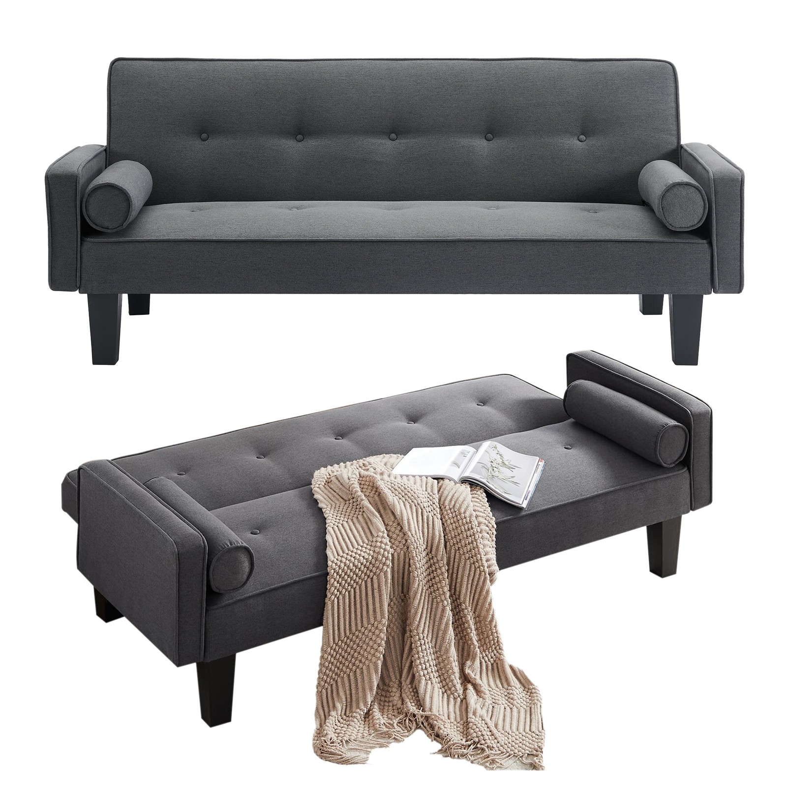 Convertible Futon Sofa Bed,Gray Upholstered Futon Couch Fabric Sleeper Sofa