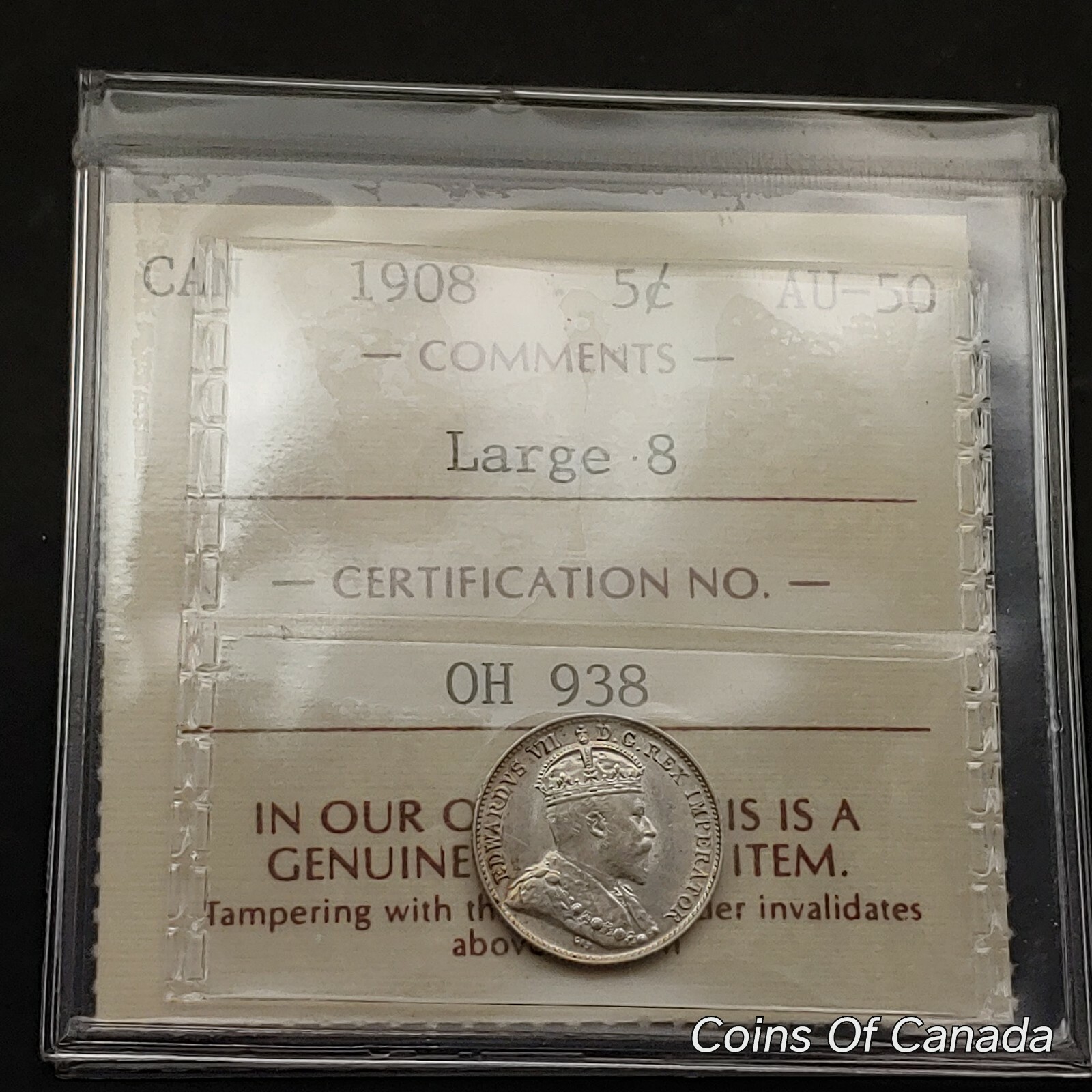 1908 Canada 5 Cent Coin - Old Graded ICCS AU-50 Large 8 Variety #coinsofcanada