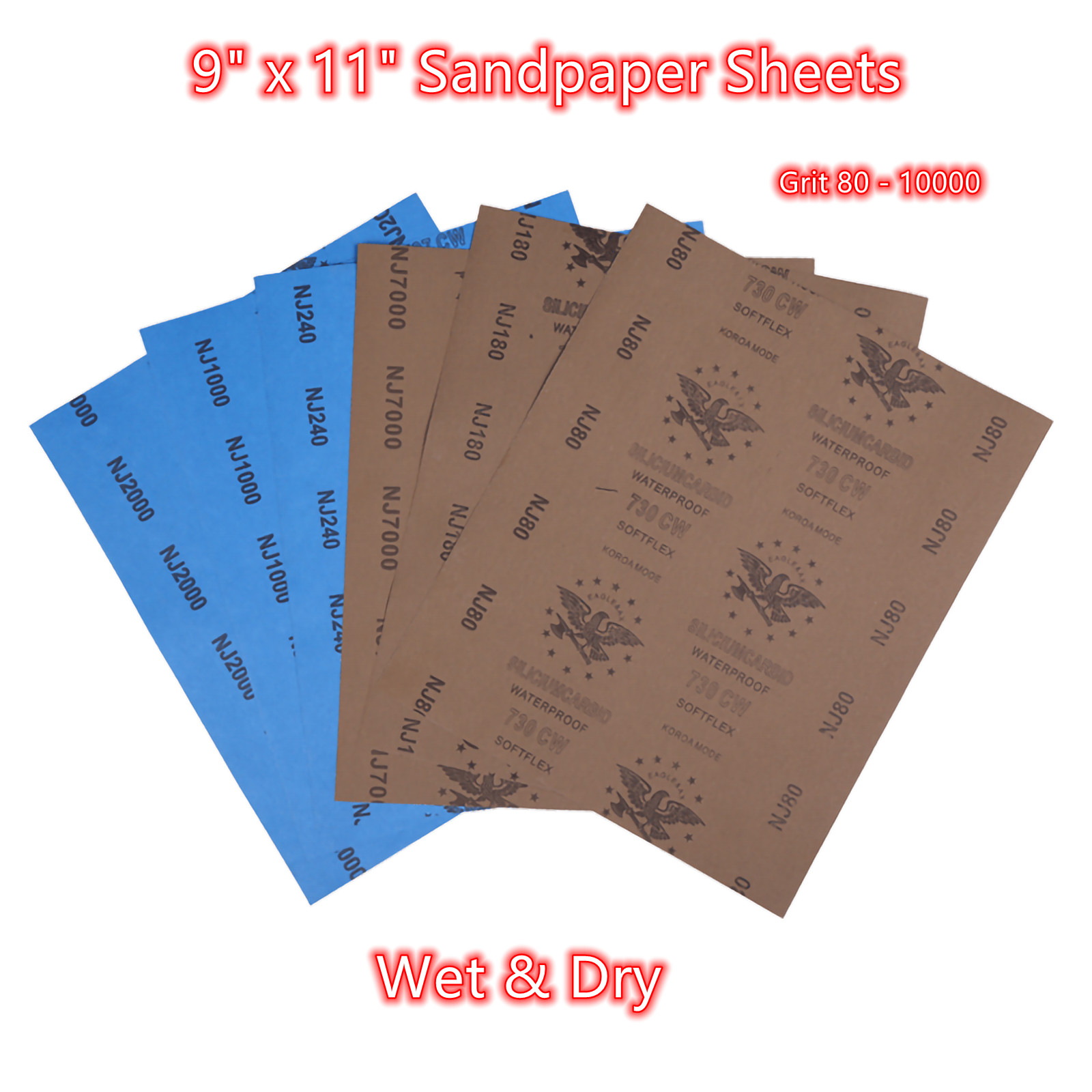 9 x 11 in Sandpaper Sheets Wet & Dry Grit 80-10000 for Metal Sanding Automotive