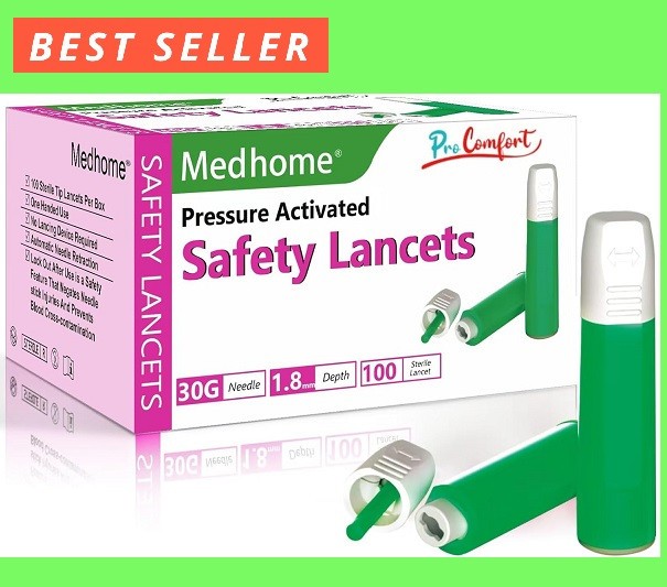 100 Ct Safety Lancets 30 Gauge 1.8mm Top Push Button Activated Glucose Testing
