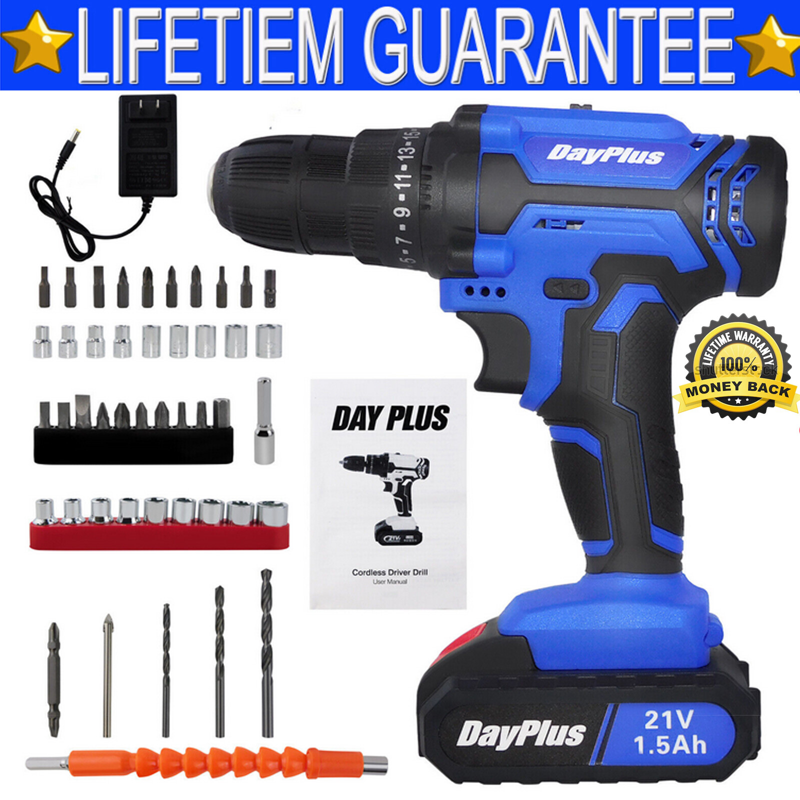 21V Cordless Drill Driver Set Electric Screwdriver Fast Charge & Li-Ion Battery