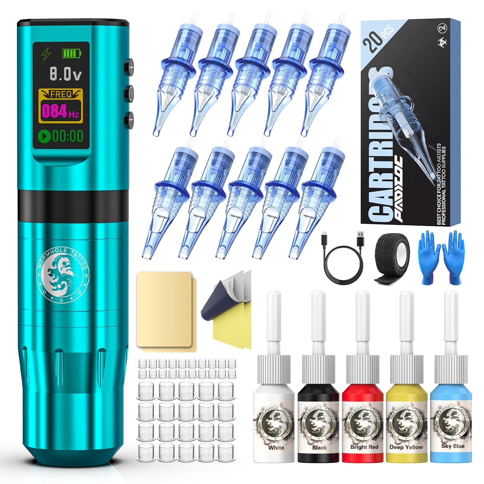 Tattoo Gun Kit, Wormhole Kit Wireless Machine with Blue