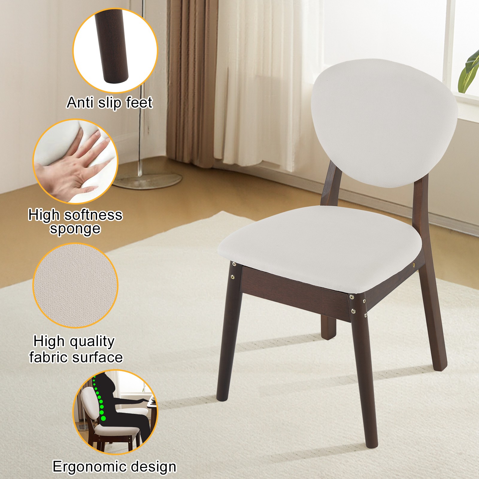 5pc Solid Wood Dining Set Deep Walnut Table & 4 Beige Padded Chairs Space-Saving
