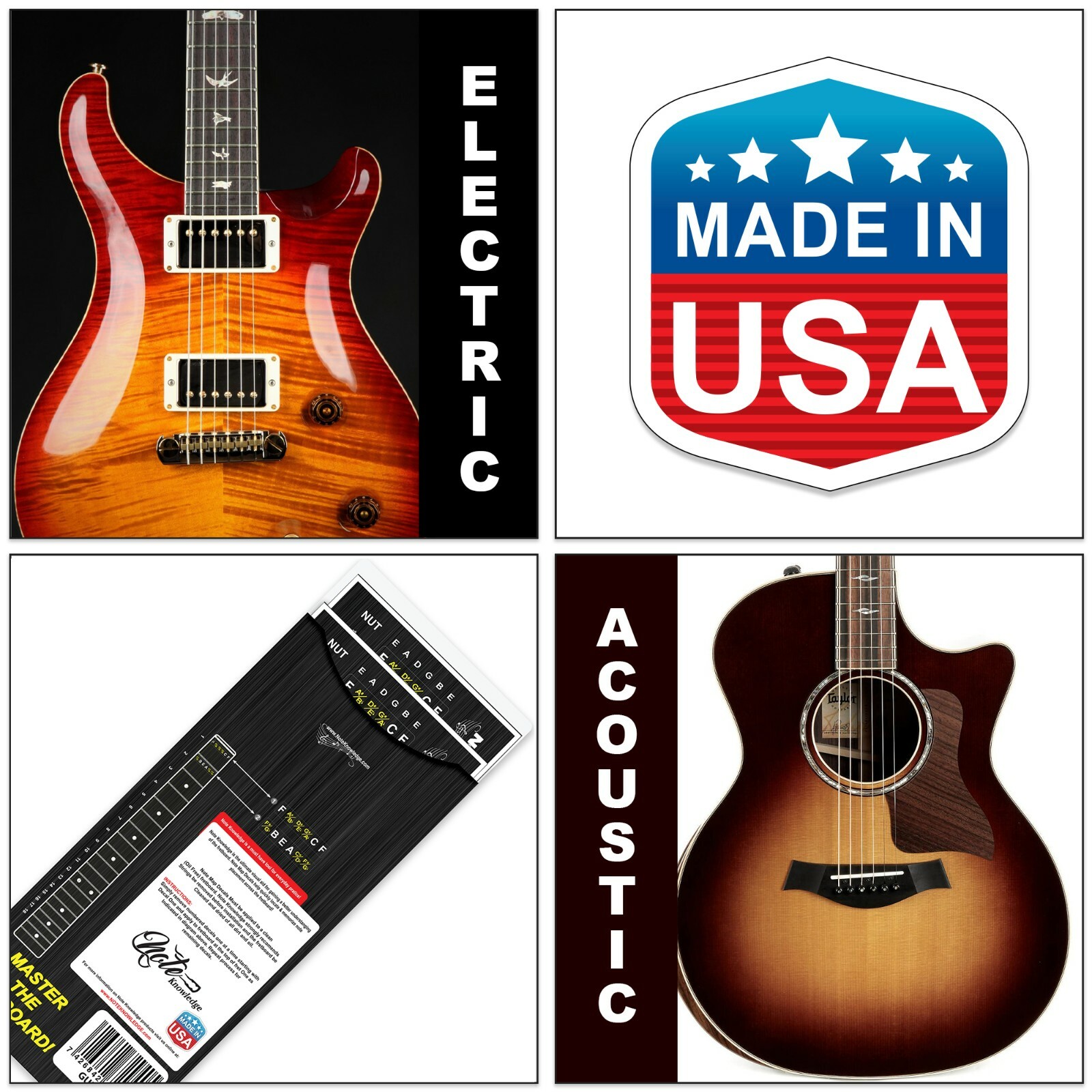 Learn Guitar Note Placement Note Map Decals-Stickers w/Mini Chord Chart 2pk