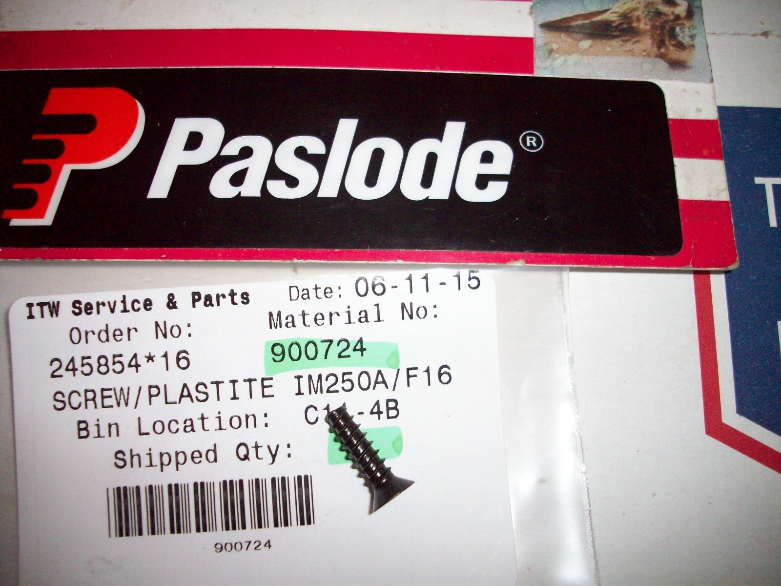 "Genuine" Paslode Part # 900724  SCREW/PLASTITE IM250A/F16