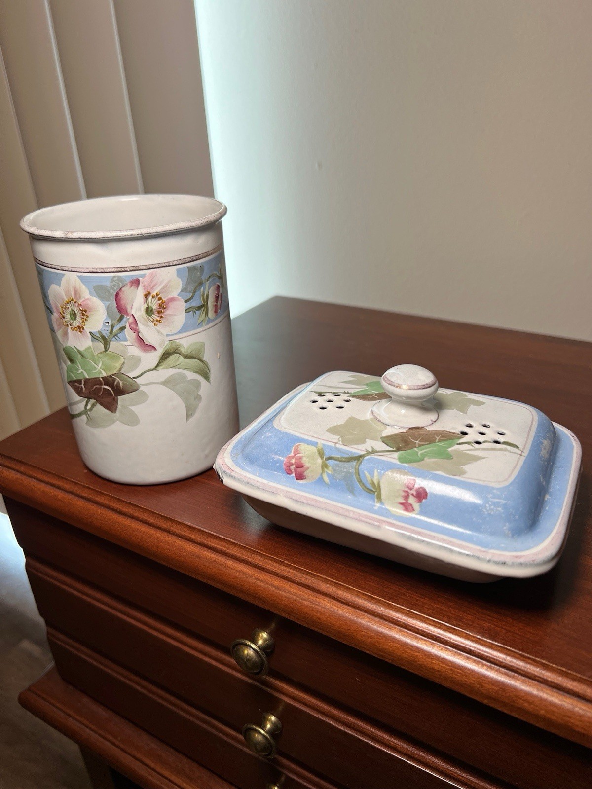 Antique French Enamelware Handpainted Signed Soap Dish & Bathroom Cup 1920s