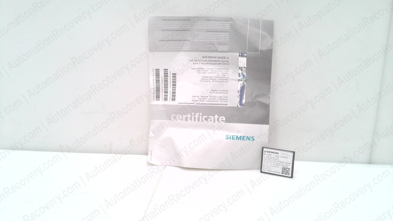 SIEMENS 6FC5851-1YG41-2YA0-Z, SINUMERIK CNC-SOFTWARE CARD W/ LICENSE, NE #271399