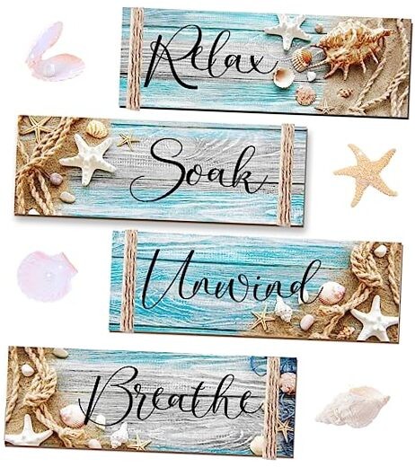 4 PCS Ocean Beach Wood Relax Soak Unwind Breathe Art Sign Hanging Wooden white