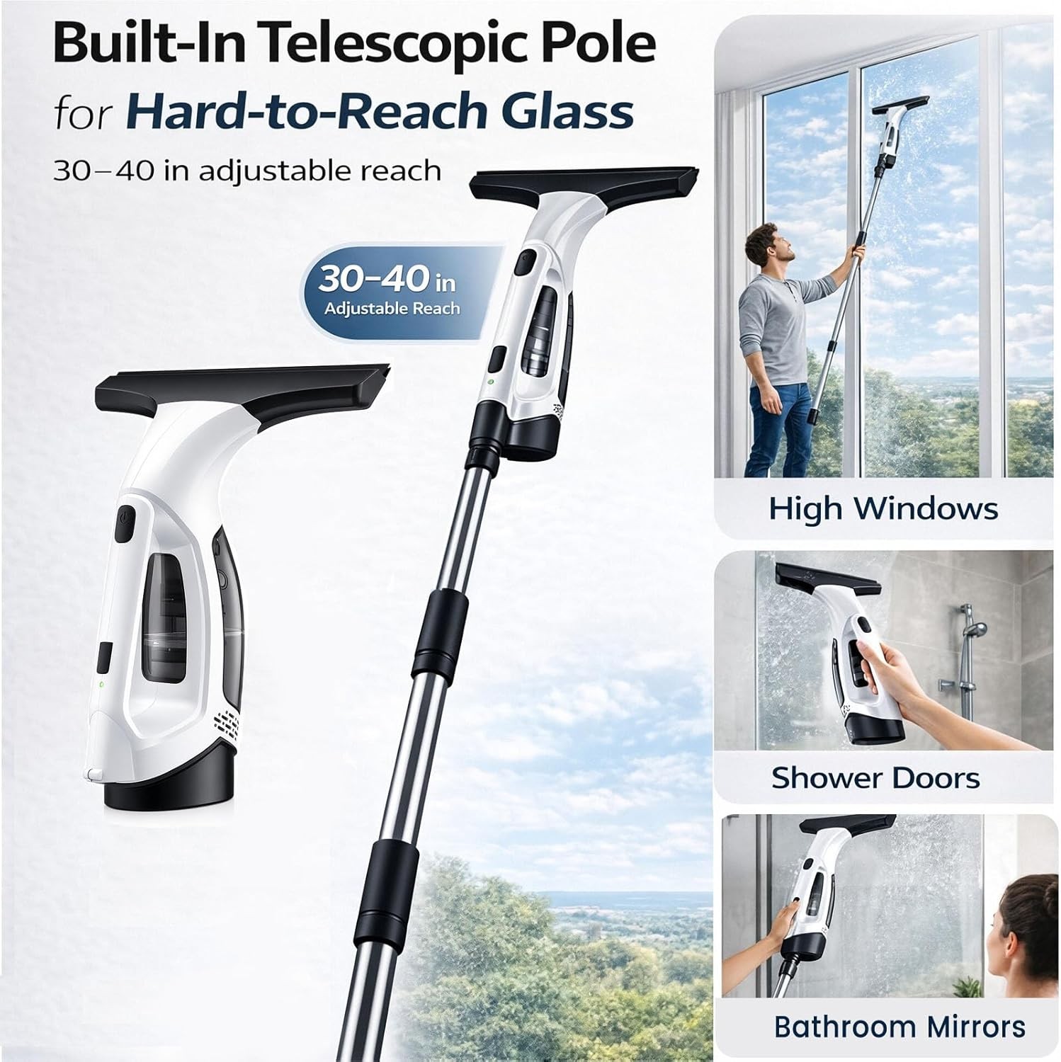 Window Vacuum Squeegee Cordless with Extension Pole,Electric Window Cleaner Tool