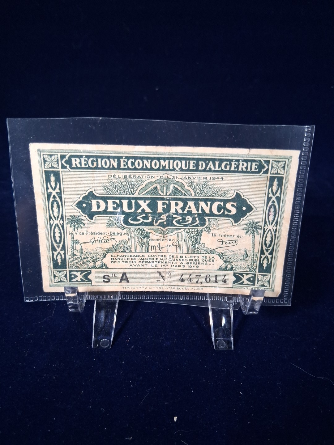 1944 ALGERIA 2 FRANCS BANKNOTE V.F