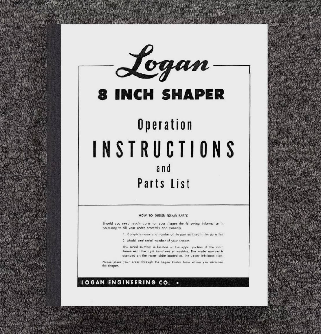Operation Instruction & Parts List Manual Fits Logan 8 Shaper