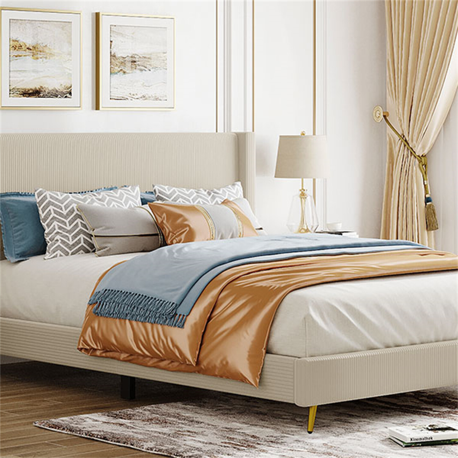 Queen Size Bed Frame Upholstered Platform Bed w/ Upholstered Headboard Beige