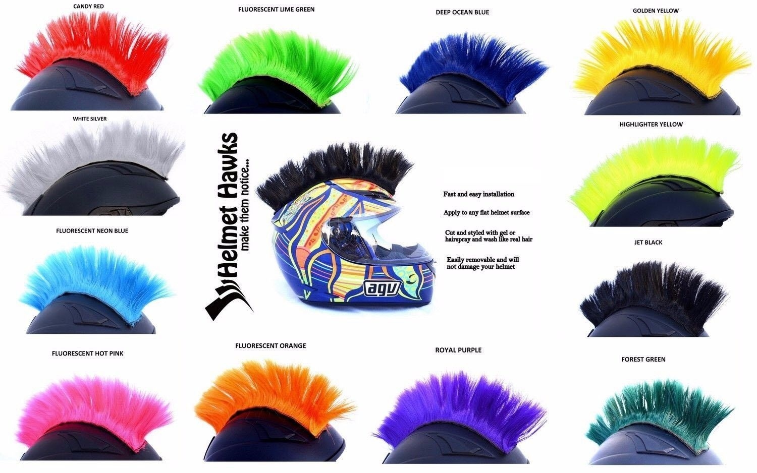 Helmet Hawks ™ Colorful Mohawk for Motorcycle Ski Snowboard Paintball Helmets