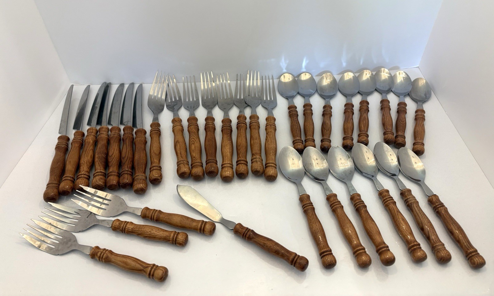 MCM Vintage 33 Pc Stainless Steel Flatware Wood Handle Taiwan Mixed Lot