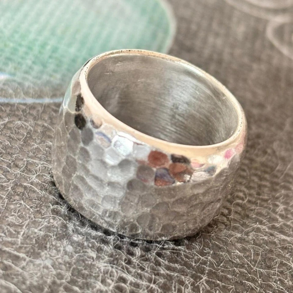 Solid 925 Sterling Silver Wide Hammered Band Ring Handmade Gift Ring All Size