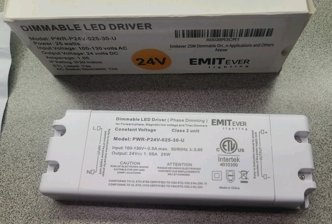 Emitever 25W Dimmable LED Driver, 24V Dimmable Power Supply 24V IP20 Indoor
