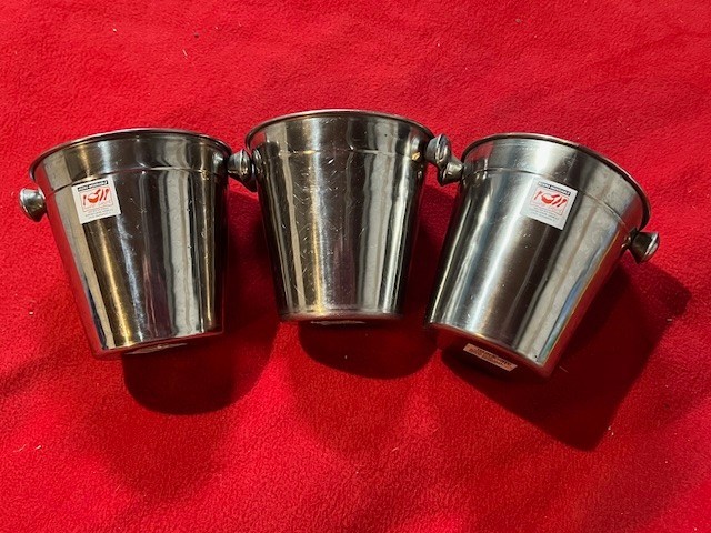Lot of 3 Stainless Steel Ice Buckets – 6” Tall – 2 New, 1 Excellent – Bar & Ente
