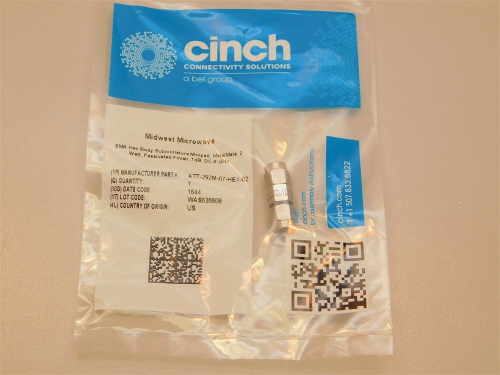 Midwest Microwave ATT-292M-07-HEX-02 M/M 7db DC-8GHz 2W Minipad Attenuator
