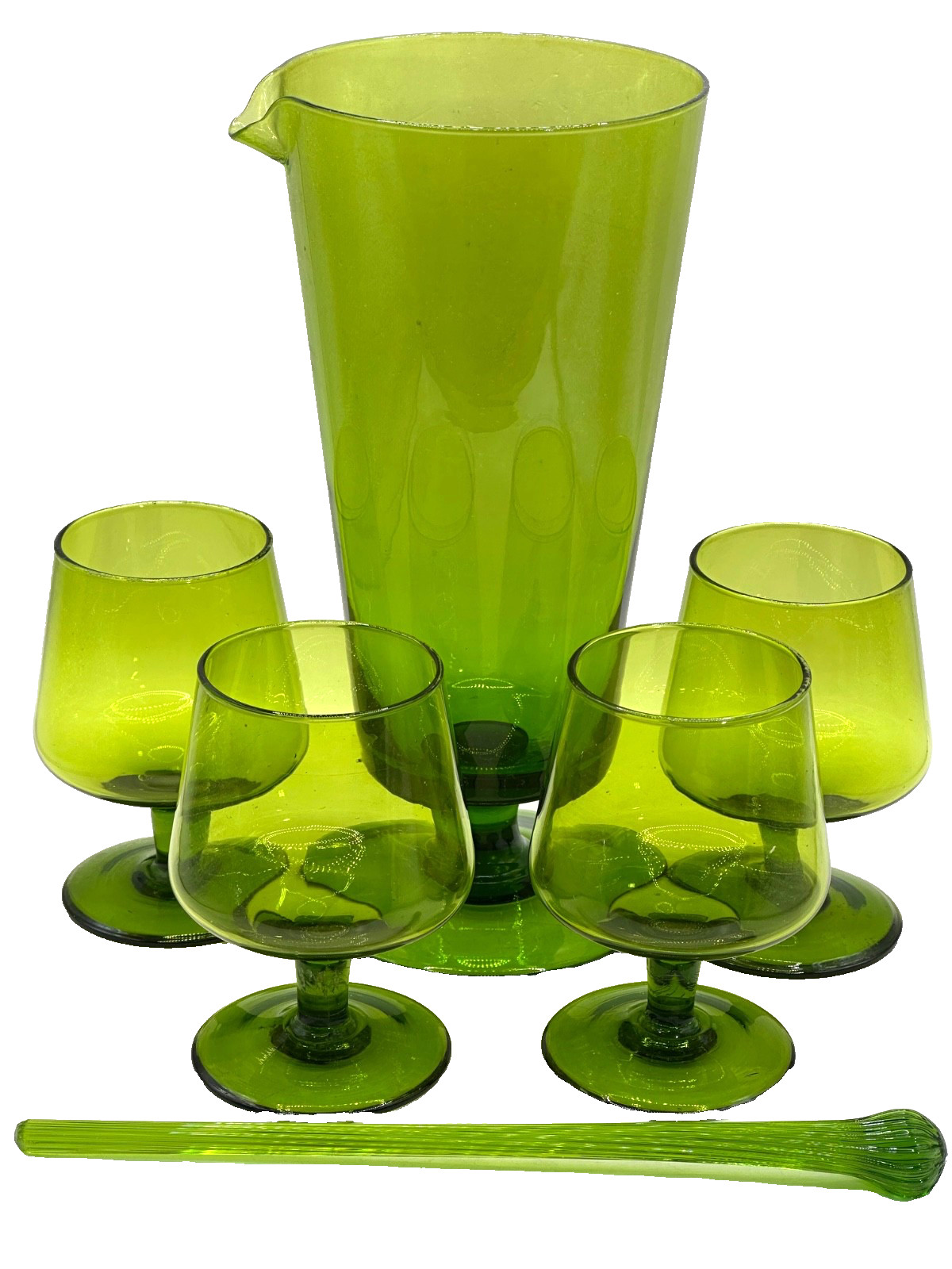 Vintage Barware Mid Century Modern Green Glass Cocktail Set 4 Glasses Stir Rod