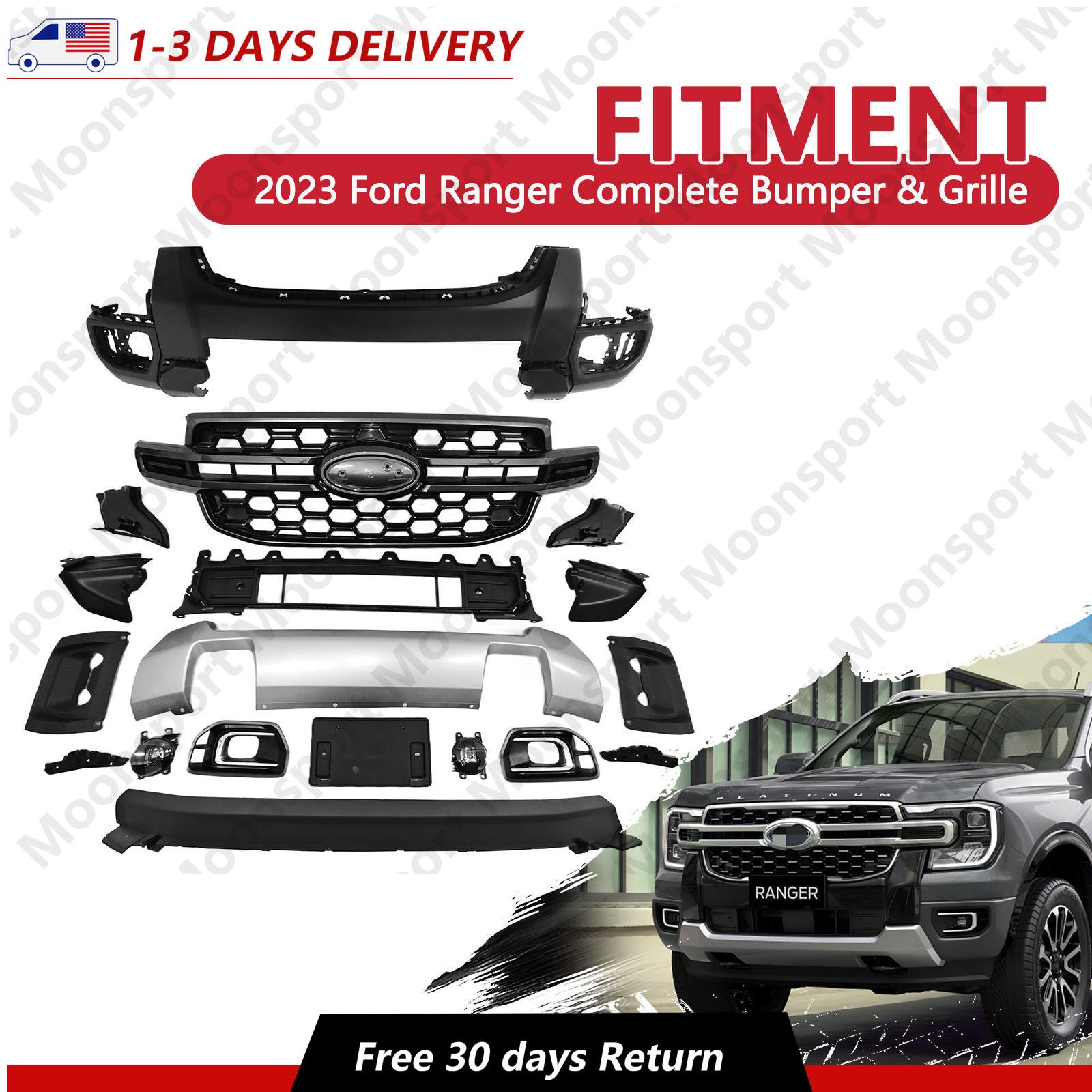 For 2024-2025 Ford Ranger Complete Bumper & Grille Kit with Fog Lights