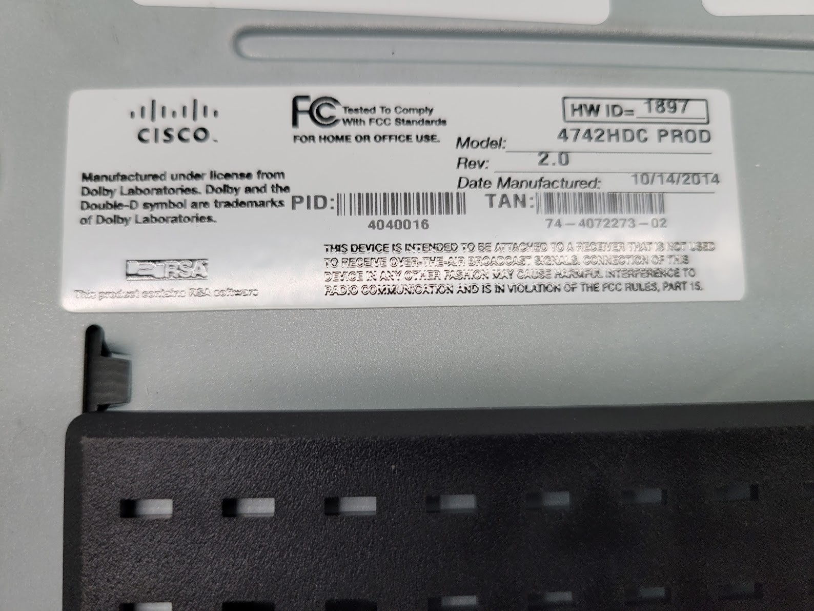 Cisco 4742HDC PROD High Definition HD Receiver Cable Box