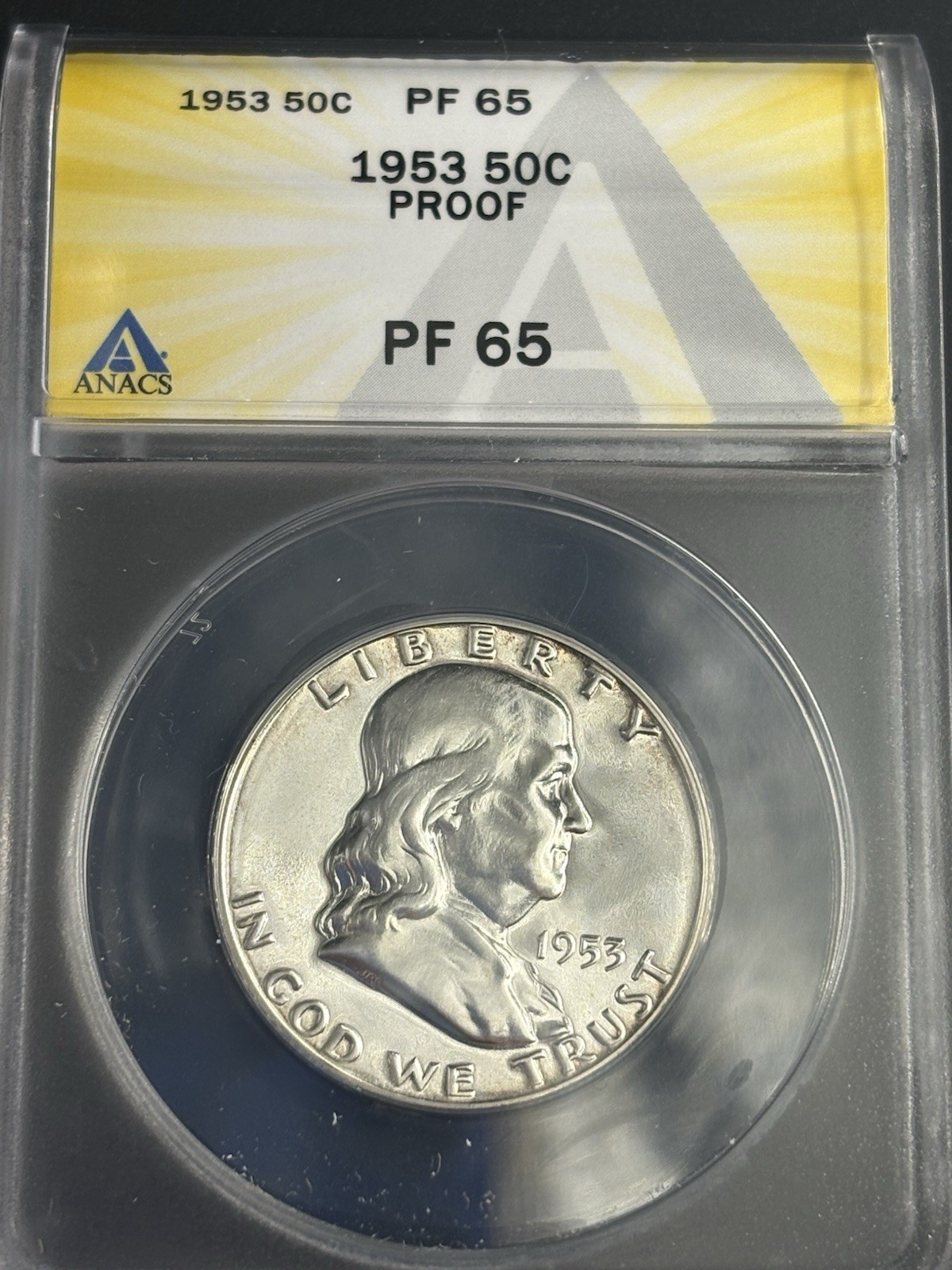 1953 PROOF FRANKLIN HALF DOLLAR, 50C, ANACS, PR65, Reverse Is Cameo