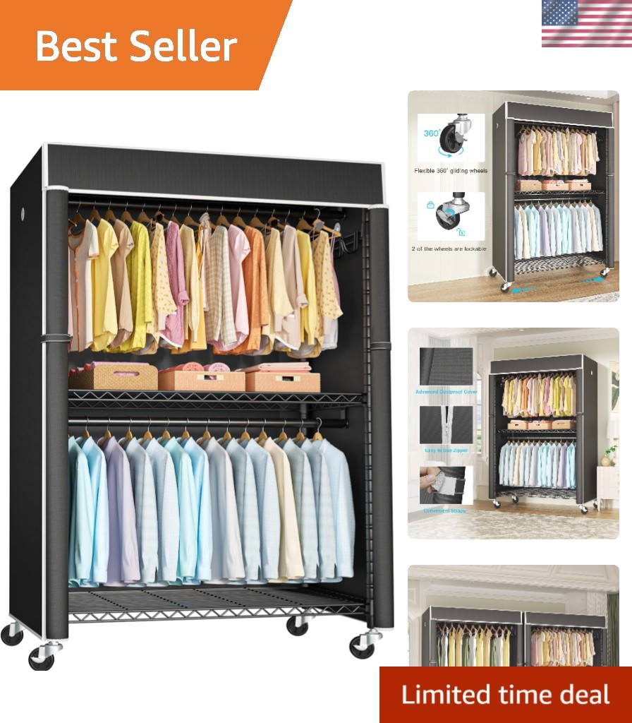 Sturdy Metal Garment Rack with Dustproof Cover & Lockable Wheels - 46"W x 80.7"H