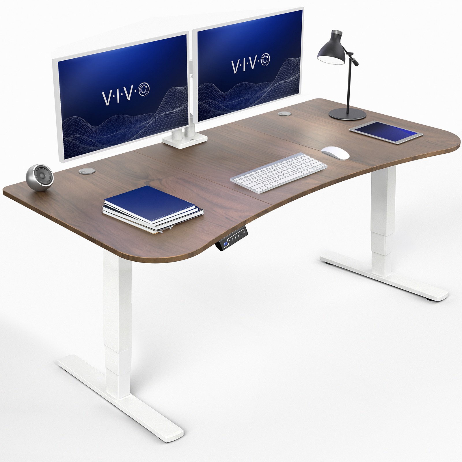 VIVO Dark Walnut / White Electric Height Adjustable Stand Up Desk Frame with Top