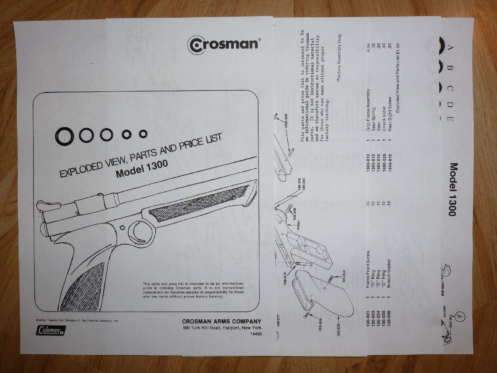 Crosman 1300 One (1) O-Ring Seal Kit + Exploded View + Parts List + Seal Guide