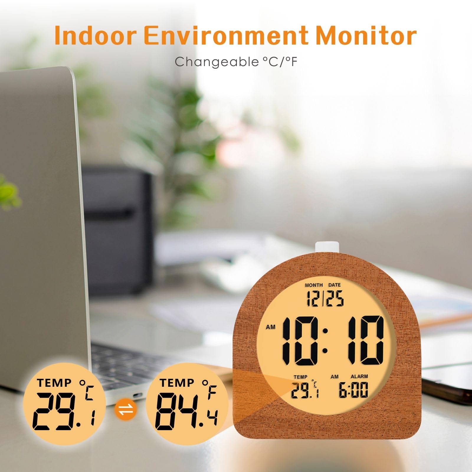 Wooden Digital Alarm Clock for Bedrooms, Wood 4'' Battery Powered Alarm Clock...