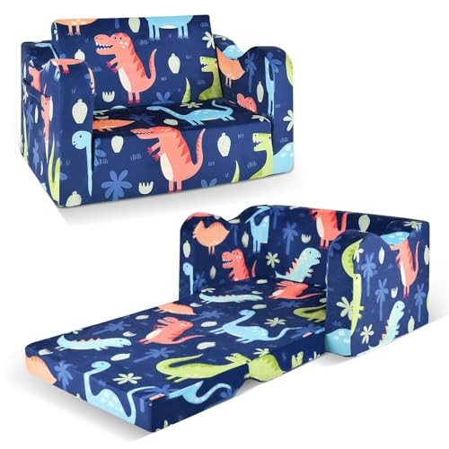 Kids Couch Sofa Toddler Sofa Dinosaur 2-in-1 Foldable Toddler Couch Bed Blue