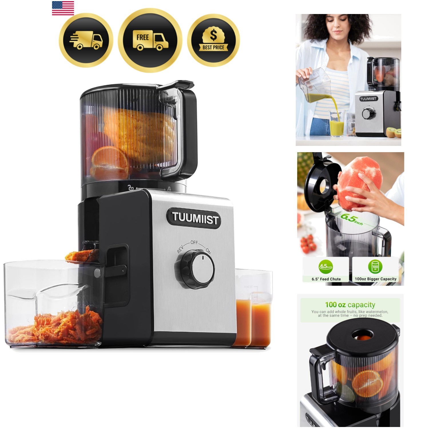 Cold Press Juicer Machines 6.5'' Large Feed Chute for Whole Fruits & Vegetabl...
