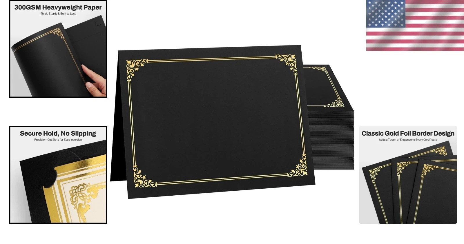Black Certificate Holders, 50 Pack - Gold Foil Border