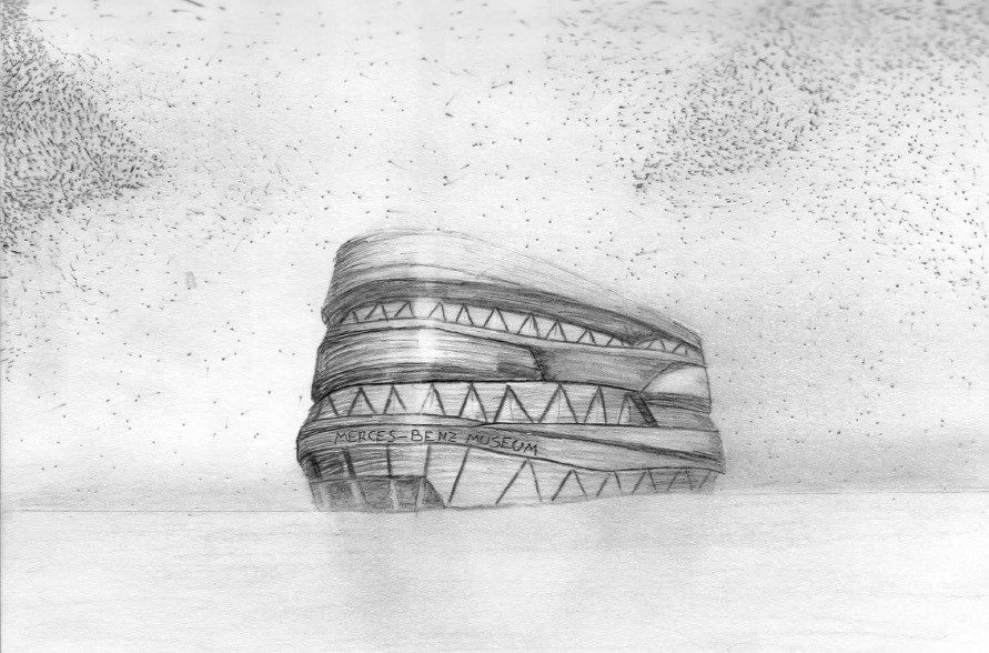 Hand drawn A3 poster of tonal drawing of the Mercedez-Benz Museum in Stuttgart.