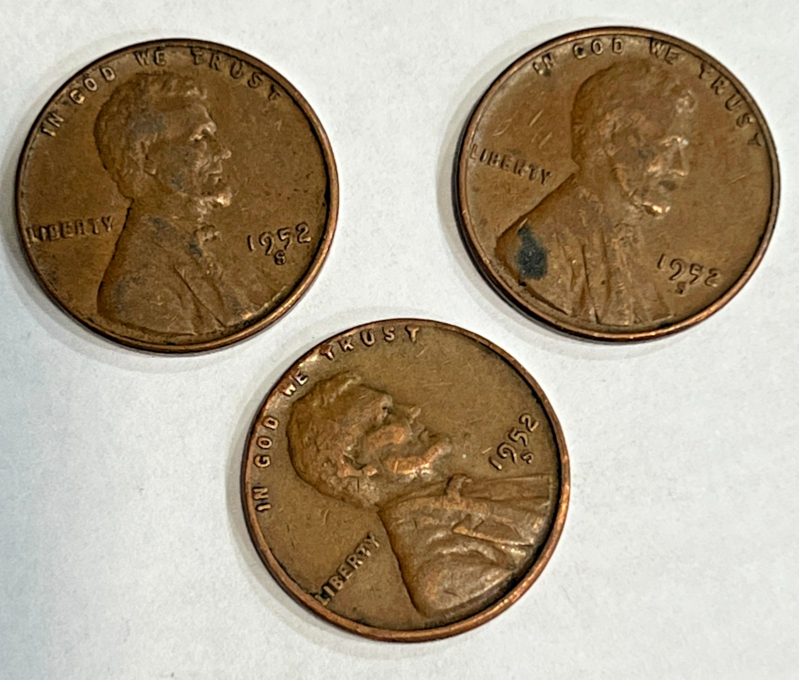 1952 - S Lincoln Wheat Cents (3) Coins Average Circulated/Better FAST SHIPPING