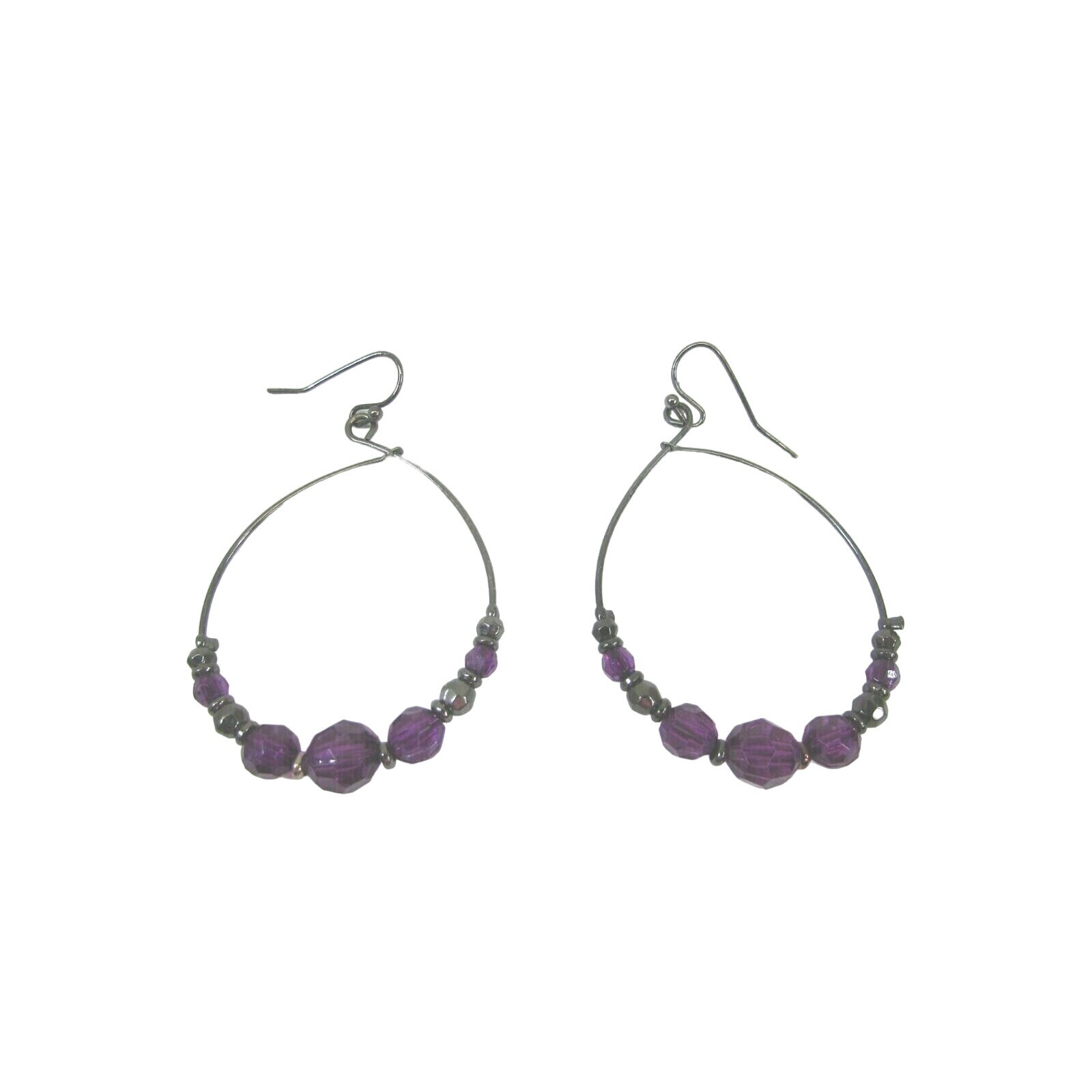 Vintage Amethyst Purple Teardrop Hoop Earrings Pierced Dangle Drop 49948
