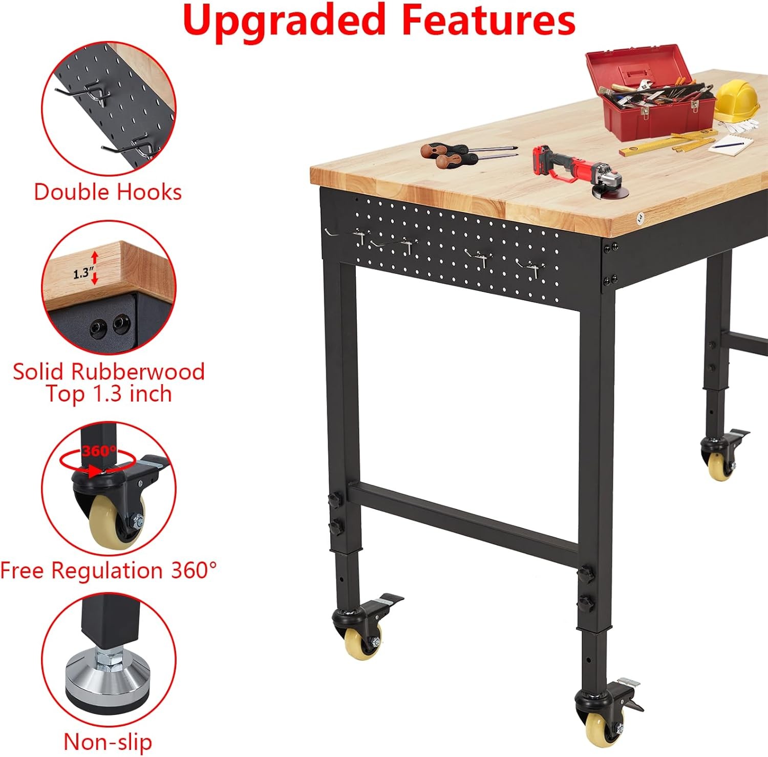 48"X24" Heavy Duty Rolling Workbench with LED & Power Strip, Adjustable Height