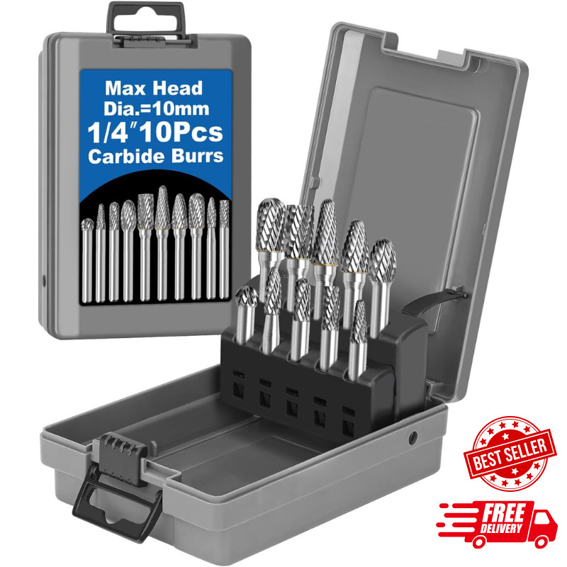 10Pcs Carbide Burr Set 1/4 Shank W/Grey Box Max Head Dia 10Mm Die Grinder Bits R