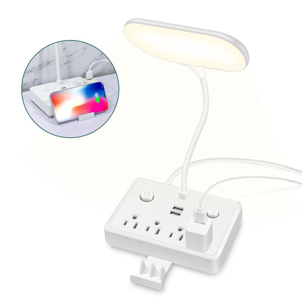 Flexible LED Desk Lamp Surge Power Strip 4 AC Outlets 2 USB Ports Phone Stand