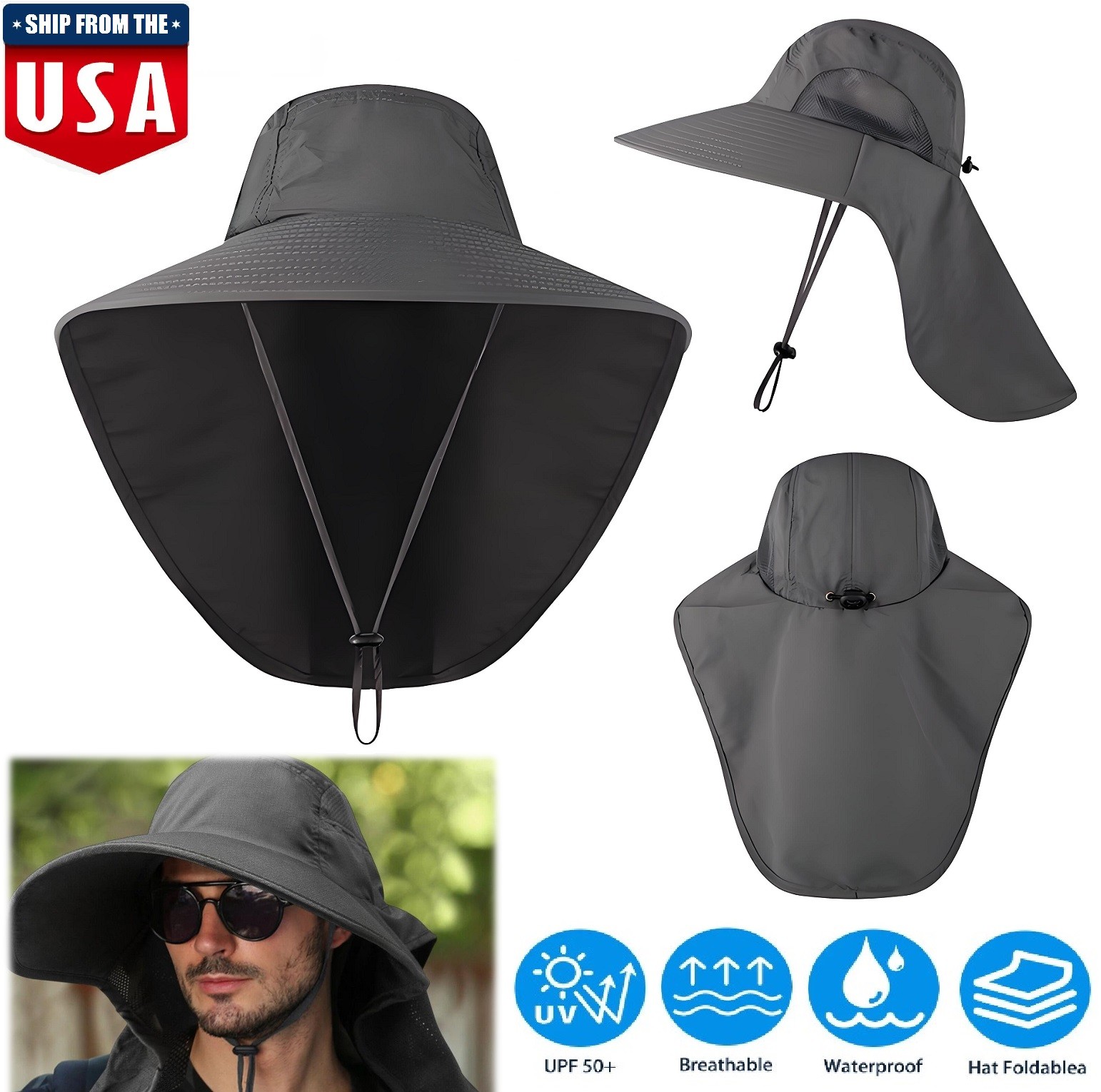 UPF50+ Outdoor Hiking Fishing Hat Summer Sun Protection Wide Brim Boonie Shade