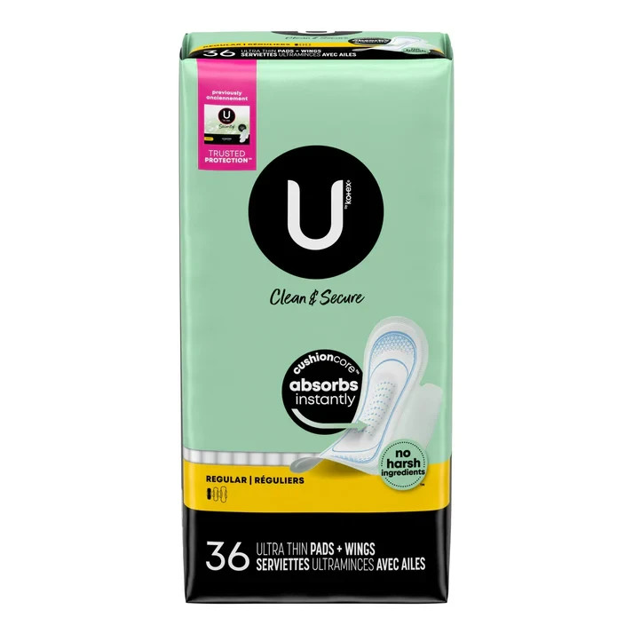 U by Kotex Clean & Secure Ultra Thin Pads with Wings Regular 36 Count
