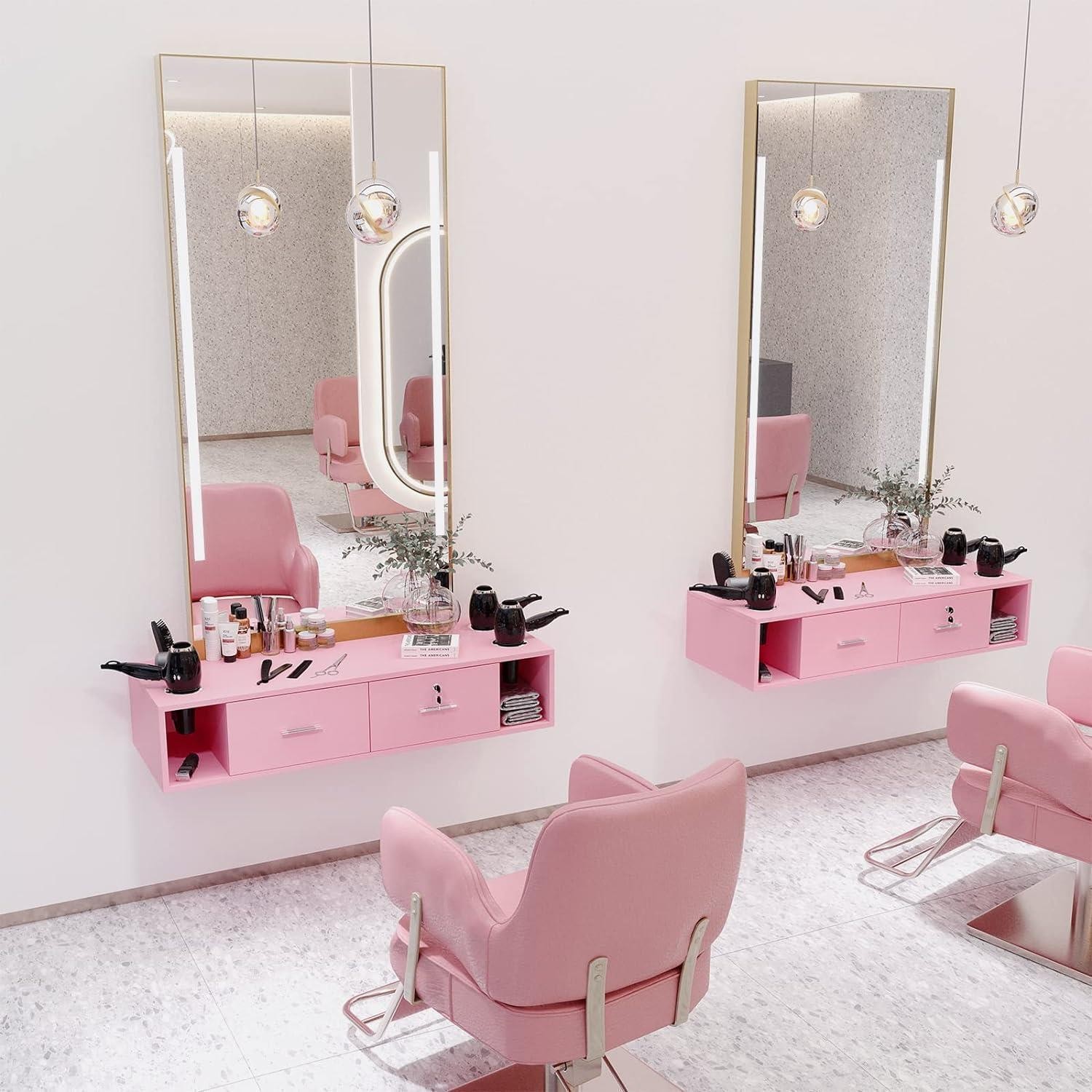 Wall Mount Styling Salon Station W/ Locking 2 Drawers 5 Metal Hair Dryer Holes
