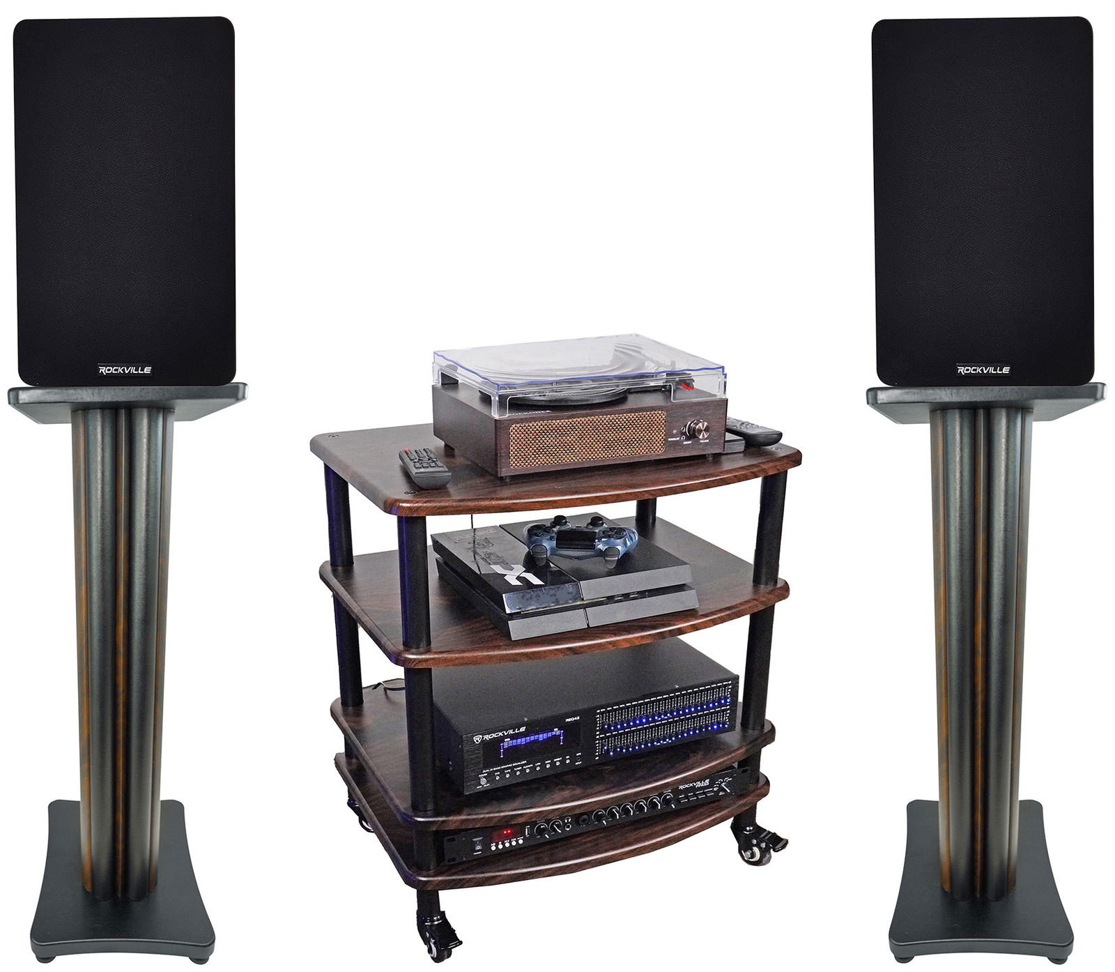 Pair Rockville RockShelf 68D Dark Wood 6.5" Bookshelf Speakers+28" Stands+Rack