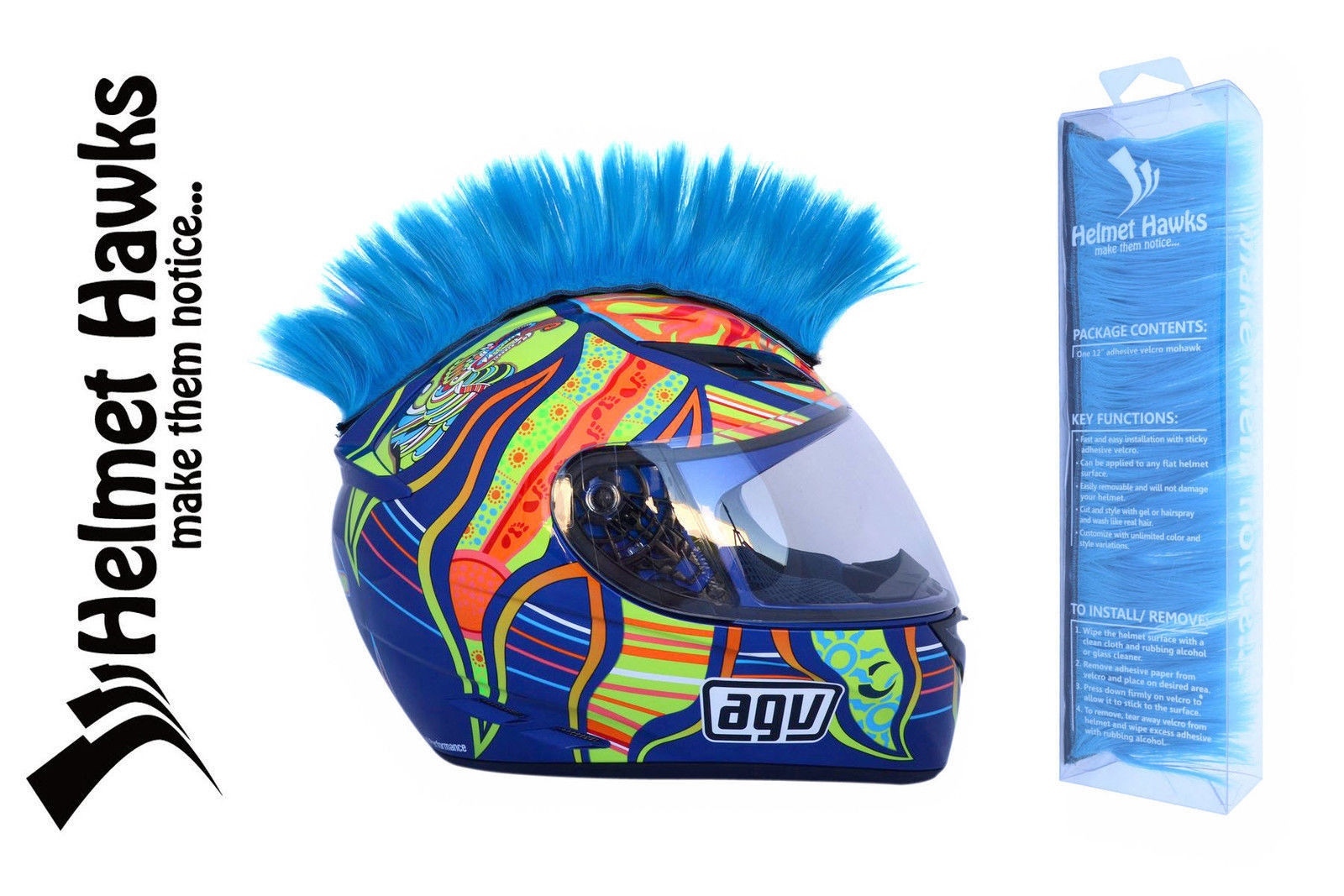 Helmet Hawks ™ Mohawk Fluorescent Neon Blue Motorcycle Bike BMX Helmet Mohawks