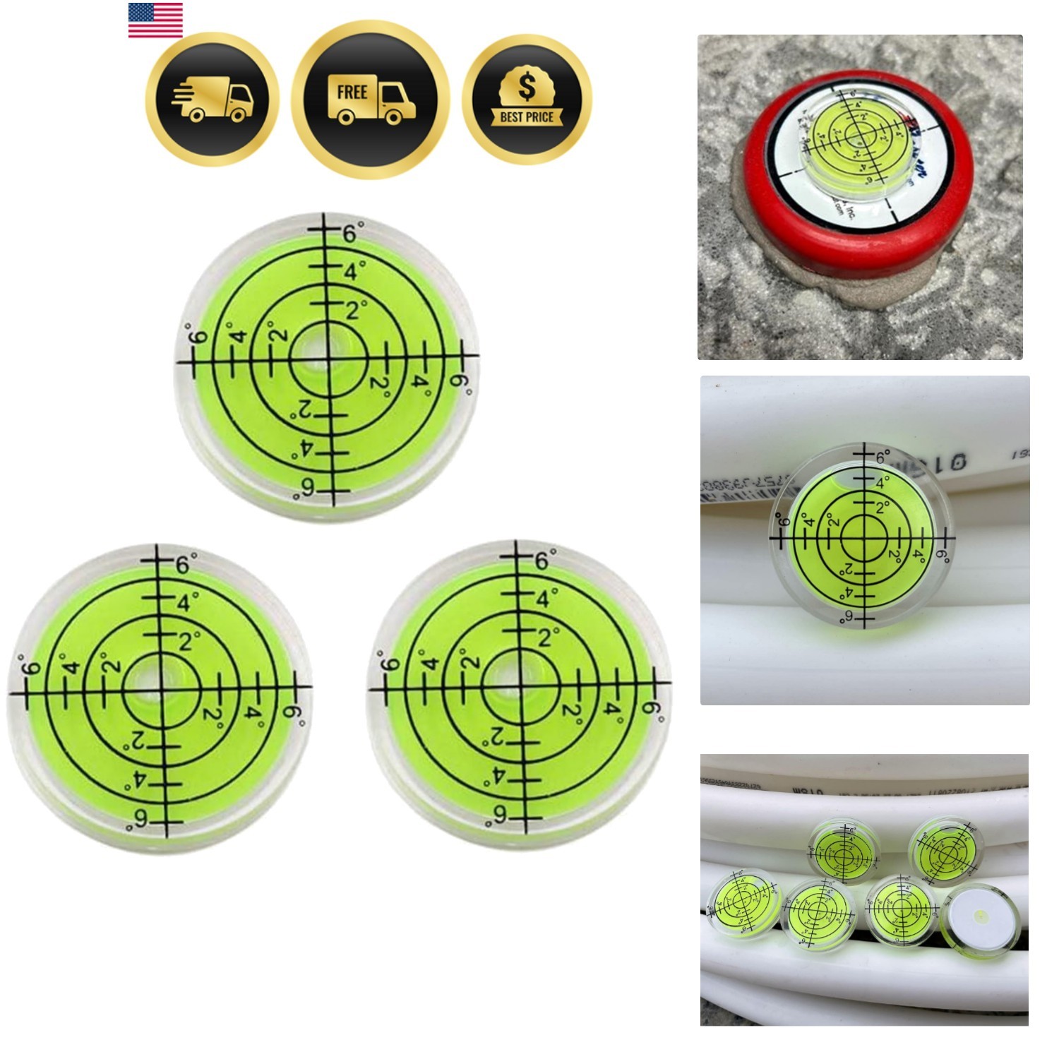 3Pcs Circular Bubble Level Bullseye Degree Marked Surface Round Spirit Levels...